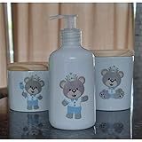 Kit Higiene Bebê 3 Peças Príncipe Ursinho Azul Peças Porcelana Tampa Pinus