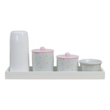 Kit Higiene Bebê Moderno Bandeja Porcelana Poá Rosa Térmica