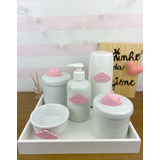 Kit Higiene Porcelana Apliques Rosa Temas Garrafa Rosa