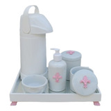 Kit Higiene Porcelana Bandeja Espelho Térmica Apliques Rosa