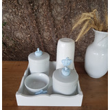Kit Higiene Porcelana Bandeja Mdf Térmica Apliques Azul Bebê