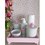 Kit Higiene Porcelana Bandejas Apliques Rosa