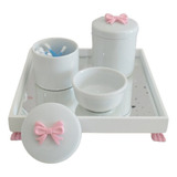 Kit Higiene Porcelana Bebê Laço Rosa Algodão Potes Bandeja