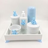 Kit Higiene Porcelana Diversos Temas Garrafa MDF Espelho Térmica Azul