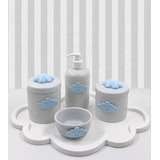 Kit Higiene Porcelana Nuvem Azul Rosa Prata Marinho 5 Peças