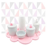 Kit Higiene Porcelana Nuvem Rosa Diversos Temas Garrafa 6pçs