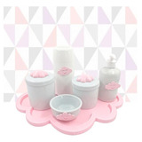 Kit Higiene Porcelana Nuvem Rosa Diversos Temas Garrafa 6pçs