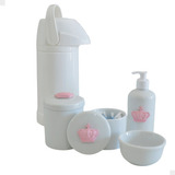 Kit Higiene Porcelana Rosa Bebê Potes Gel Térmica Menina
