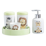 Kit Higiene Quarto Bebê Porta Algodão Bandeja Safari Verde