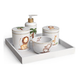 Kit Higiene Safari Com Friso Em Ouro E Bandeja Mdf 5 Peças
