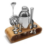 Kit Home Bar 12 Peça Inox Suporte Madeira Coqueteleira 550ml