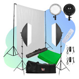Kit Iluminação Profissional Para Foto E Vídeo Softbox Duplo 60w Luz Quente E Fria Variável Controle Suporte Fundo Infinito Tripés Bolsa Fundo Branco E Verde Chroma key Ideal Para Estúdio 