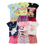 Kit Infantil 10 Peças Menina Conjunto Verão 5 Shorts 5 Blusa