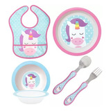 Kit Infantil Refeição C Prato bowl talher babador Unicórnio