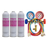 Kit Instalação Reparo R410a Manifold 3 Lata Gás Válvula