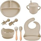 Kit Introdução Alimentar Bebê 8 Peças De Silicone E Sem Pontas Para Iniciação De Alimentos Livre De BPA Atóxico Colher Garfo Copinho Pote E Pratinho Linha Premium Kit Bege