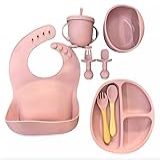 Kit Introdução Alimentar Bebê 8 Peças De Silicone E Sem Pontas Para Iniciação De Alimentos Livre De BPA Atóxico Colher Garfo Copinho Pote E Pratinho Linha Premium Kit Rosa Claro 