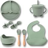 Kit Introdução Alimentar Bebe 8 Peças Silicone Iniciação Alimentos Livre BPA Atóxico Antibacteriano Seguro Sem Pontas Colher Garfo Copinho Pote Pratinho Ventosa Criança 6 Meses PREIS Verde Oliva 