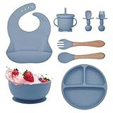Kit Introdução Alimentar Bebe 8 Peças Silicone Iniciação Para Alimentos Livre De BPA Atóxico Antibacteriano Seguro Sem Pontas Colher Garfo Copinho Pote E Pratinho Criança 6 Meses Azul Claro 