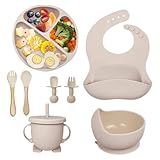 Kit Introdução Alimentar Bebe 8 Peças Silicone Iniciação Para Alimentos Livre De BPA Atóxico Antibacteriano Seguro Sem Pontas Colher Garfo Copinho Pote E Pratinho Criança 6 Meses Bege