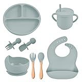 Kit Introdução Alimentar Bebe 8 Peças Silicone Iniciação Para Alimentos Livre De BPA Atóxico Antibacteriano Seguro Sem Pontas Colher  Garfo  Copinho  Pote E Pratinho Criança  Azul Claro 