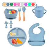 Kit Introdução Alimentar Bebê Babador Prato 8 Peças Silicone