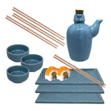 Kit Jantar Sushi 6 Pessoas Com 2 Porta Shoyu Azul C Hashi