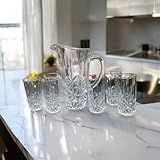 Kit Jarra 1L E 06 Copos Cristal 300ML Luxuoso Mesa Cozinha Drinks Servir Restaurante Bares Transparente Multiuso Crystal Refrescante Vidro Resistente Luxuoso Sofisticação Conjunto 7 Peças
