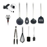 Kit Jogo 10 Colheres De Silicone Cabo Inox Utensílios Preto