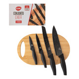 Kit Jogo 4 Facas Aço Inox E 1 Tábua Para Cozinha Chef Barata