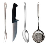 Kit Jogo 4 Pçs Cozinha Inox Colher Garfo Escumadeira Faca