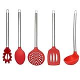 KIT Jogo 5 Pç Silicone Cabo Inox Colher Concha Escumadeira Pegador Espatula Vermelho MARAMASHOP