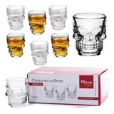 Kit Jogo 6 Copos Shot Tequila Crânio Caveira Vidro Dose 45ml