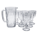 Kit Jogo 6 Taça 1 Jarra 1l Vidro Grosso Textura Diamante