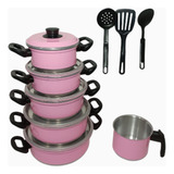 Kit Jogo 9 Peças Com 5 Panelas Leiteira caneca Rosa Bebê