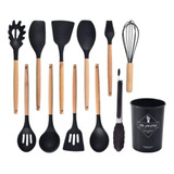 Kit Jogo C 12 Utensílios Cozinha Silicone Cabo Madeira