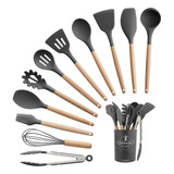 Kit Jogo Conchas Utensílios De Cozinha Em Silicone E Madeira