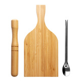 Kit Jogo De Caipirinha De Bambu Socador Tábua Colher 3 Peças