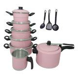 Kit Jogo De Panelas Panela Pressão Fervedor 10 Rosa Bebê
