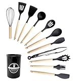 Kit Jogo De Utensílios Para Cozinha 12 Peças De Silicone E Cabo De Madeira Conjunto Antiaderente Possui Espátulas Colheres Pegadores Fouet Pincel E Suporte Premium Preto 