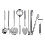 Kit Jogo Utensílios 100 Inox 8 Pçs Com Descascador Legumes