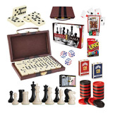 Kit Jogos Tabuleiro Xadrez Dama Dominó Dados Cartas Maleta