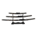 Kit Katana Samurai 3 Espadas C  Suporte E Bainha De Couro