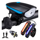 Kit Lanterna Farol Led Com Buzina Bike Recarregavel Usb