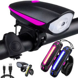 Kit Lanterna Farol Led Com Buzina Bike Recarregavel Usb