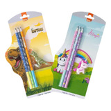 Kit Lápis Hb Borracha Decorada Unicórnio Dinossauro Brw