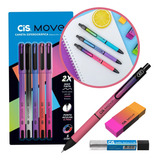 Kit Lapiseira Cis Move Degradê 0 7mm Grafite Borracha Caneta