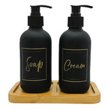 Kit Lavabo 3 Pçs Porta Sabonete Creme Preto Bandeja Bambu