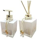 Kit Lavabo Aromatizador Porta Sabonete Líquido-Jogo Para Banheiro Saboneteira E Difusor De Varetas-Branco Degradê E Dourado-Luiggi Presentes-