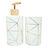Kit Lavabo Banheiro Branco Jogo 2 Pç Dispenser Dourado Rose